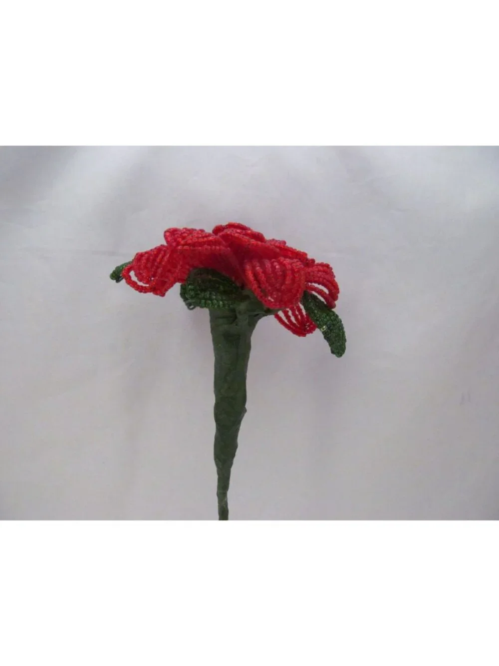 Handcrafted Red & Green French Beaded Flower with Stem Home Decor Gift 11 inch